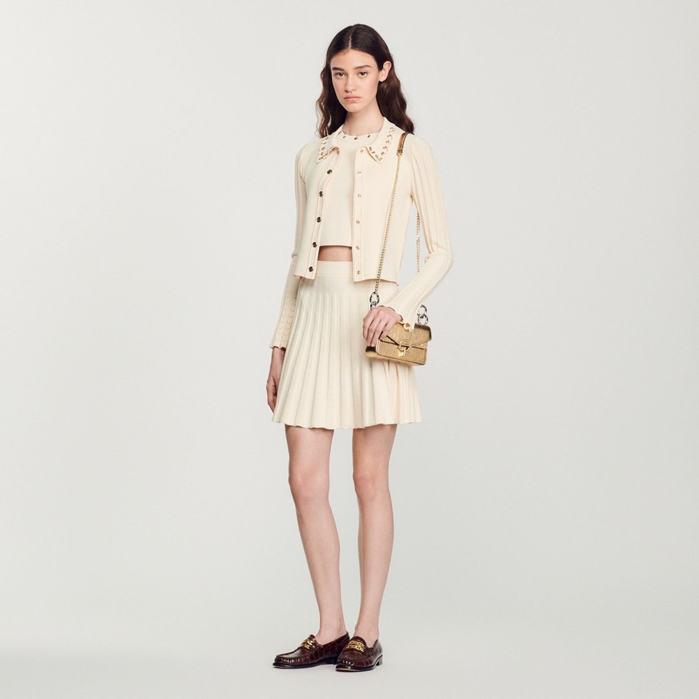 Sandro Cream Cropped Cardigan with Ribbed Sleeves